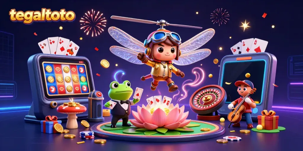 Tegaltoto menghadirkan mobilitas hebat melalui ilustrasi lucu dragonfly dan dealer kodok di kasino terapung yang hidup.