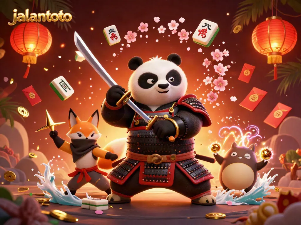 Jalantoto menampilkan panda samurai dan rubah ninja dalam ilustrasi kasino yang dinamis dan penuh warna.
