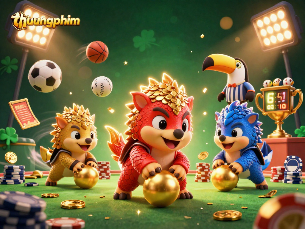 Bowling pangolins and a toucan referee celebrate thungphim action in a vibrant casino scene.