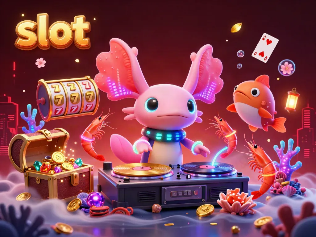 Engage with vibrant slot-themed 3D fantasy illustration featuring a DJ axolotl and underwater treasures.