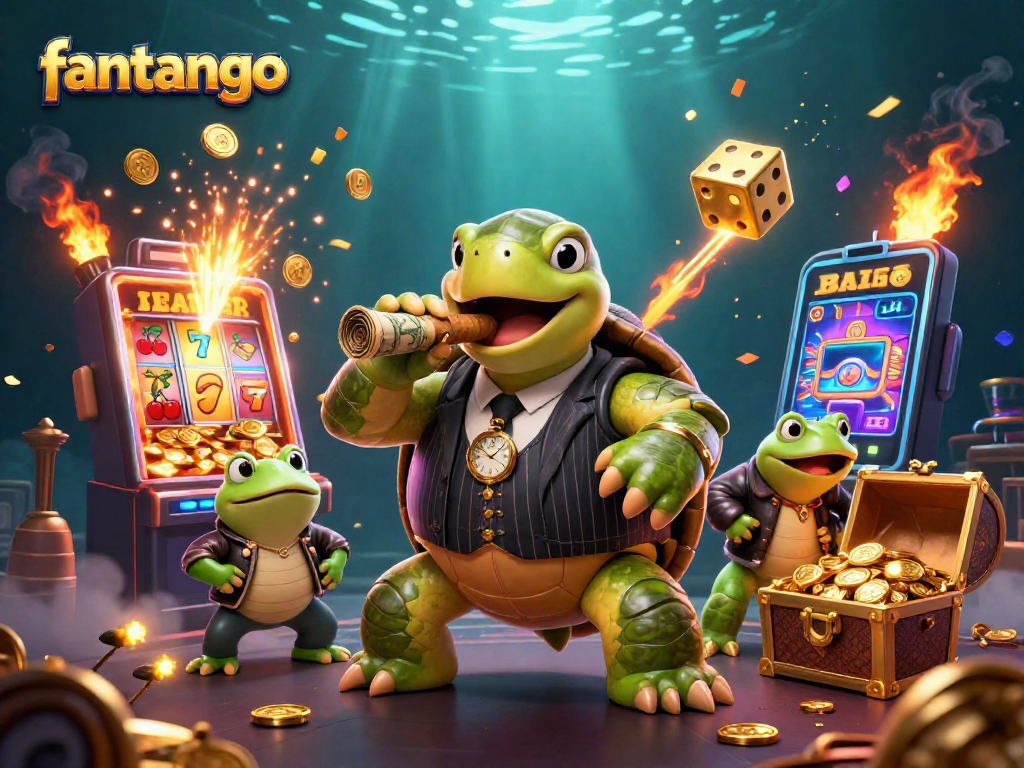 Engage in fantango fun with a snapping turtle mobster and bullfrog enforcers amid a vibrant casino scene.