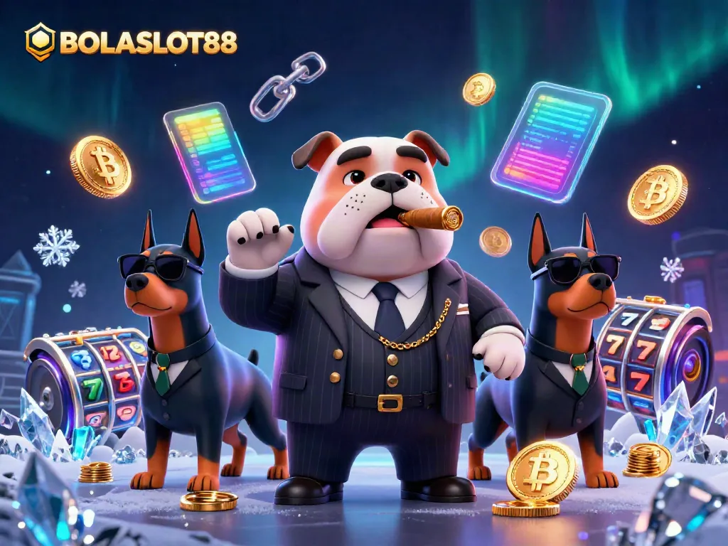 Experience vibrant gaming at BOLASLOT88, featuring a mafia boss bulldog amidst crypto coins and slot reels.