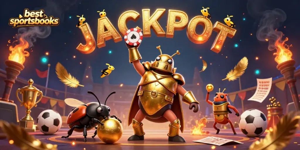 Experience the excitement of the best sportsbooks with our vibrant 3D scene featuring a victorious beetle in gladiator armor.