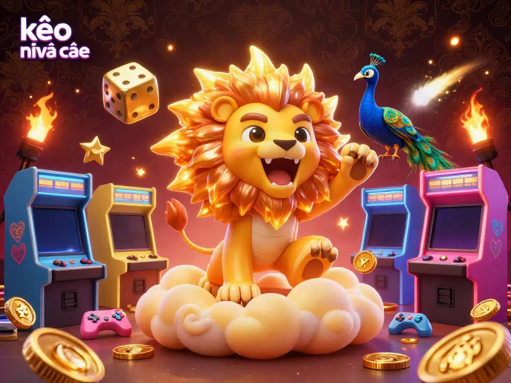 Experience exciting kèo nhà cái action with a vibrant 3D casino scene featuring a lion, golden dice, and gaming elements.