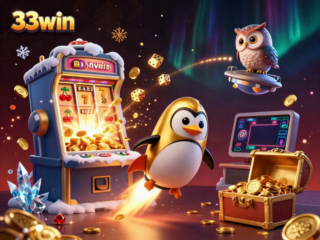 Experience the excitement of 33win with a dynamic casino-themed 3D illustration depicting colorful gaming elements.