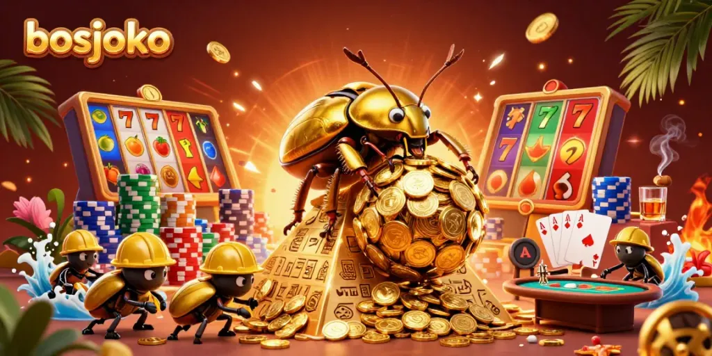 Engage with bosjoko's thrilling slot experience as golden beetles roll in a vibrant casino scene.