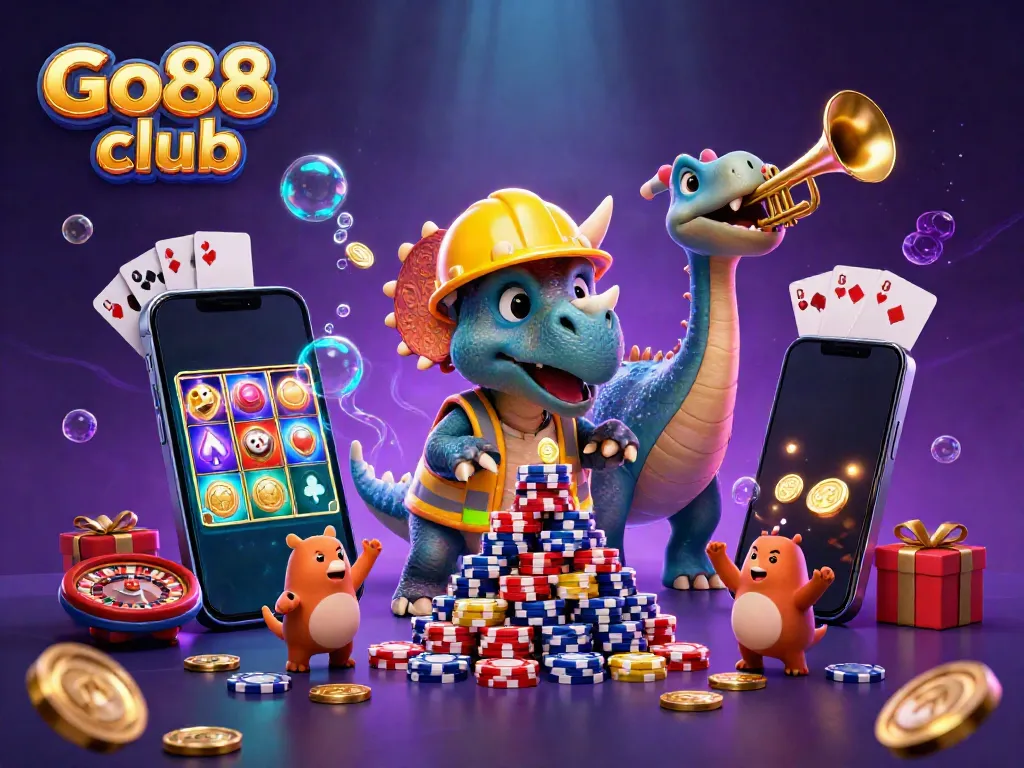 Engaging scene of Go88 club with fun characters building poker chip pyramids amidst vibrant casino elements.