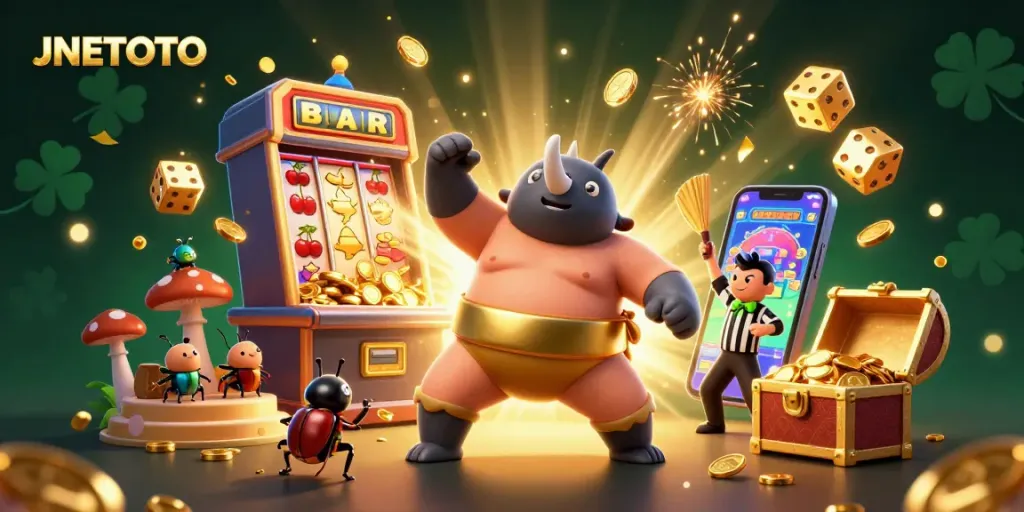 JNETOTO features a thrilling scene with a sumo beetle champion and jackpot elements.