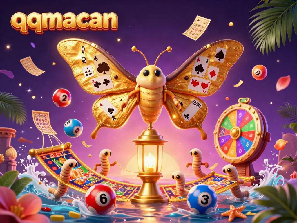 Discover winning opportunities with qqmacan, featuring dynamic lottery and casino scenes with colorful elements.