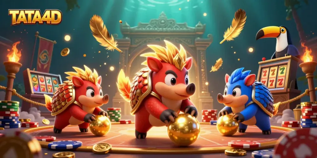 TATA4D rival pangolins in an action-packed casino scene, featuring slot reels and poker chips