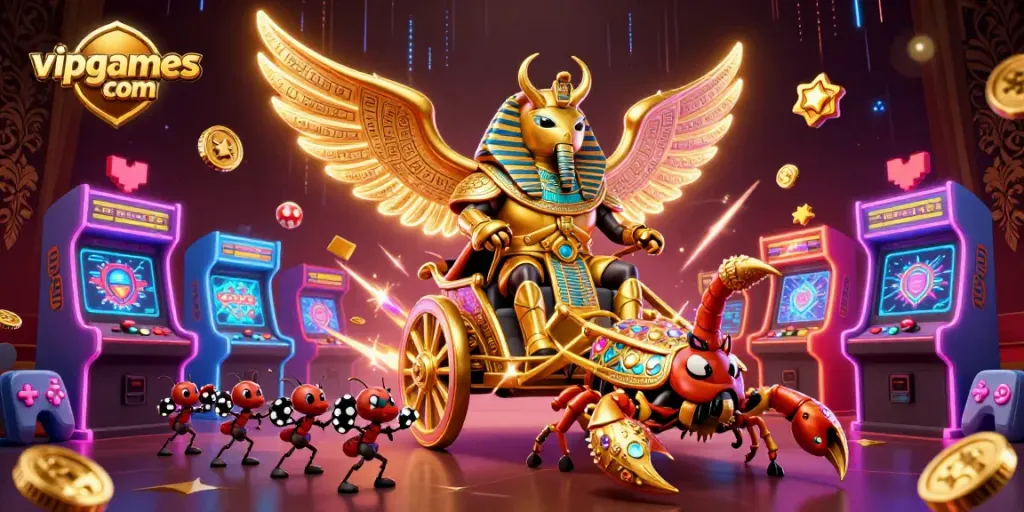 Experience the excitement of vipgames com with a vibrant gaming scene featuring a golden pharaoh beetle and casino elements.
