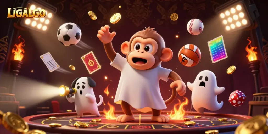 Witness LIGALGO's thrilling action as golden coins and sports elements soar around a playful poltergeist monkey.