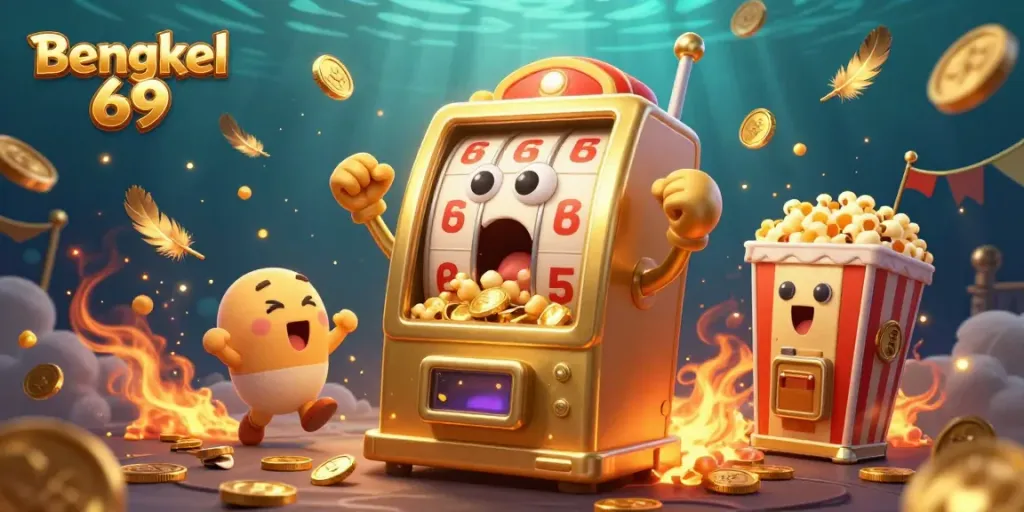 Experience the thrill of winning at Bengkel 69 with a joyous slot machine celebrating a jackpot!