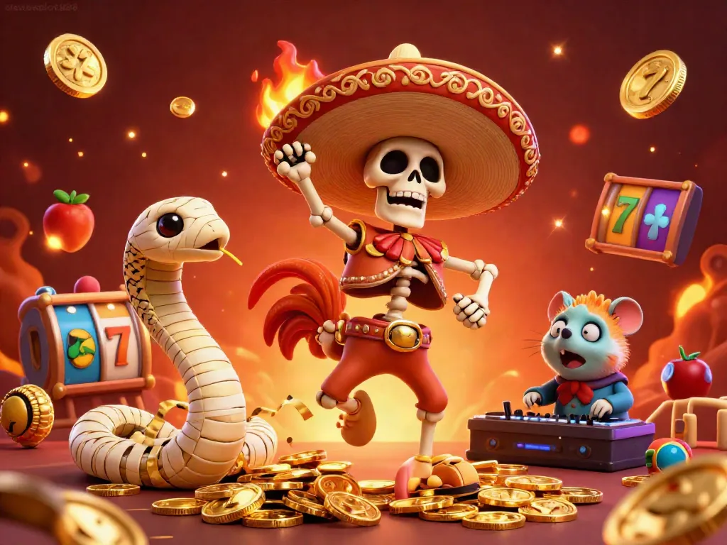 Gambarkan kemenangan di dewataslot888 dengan skeleton mariachi dan simbol slot menyenangkan.