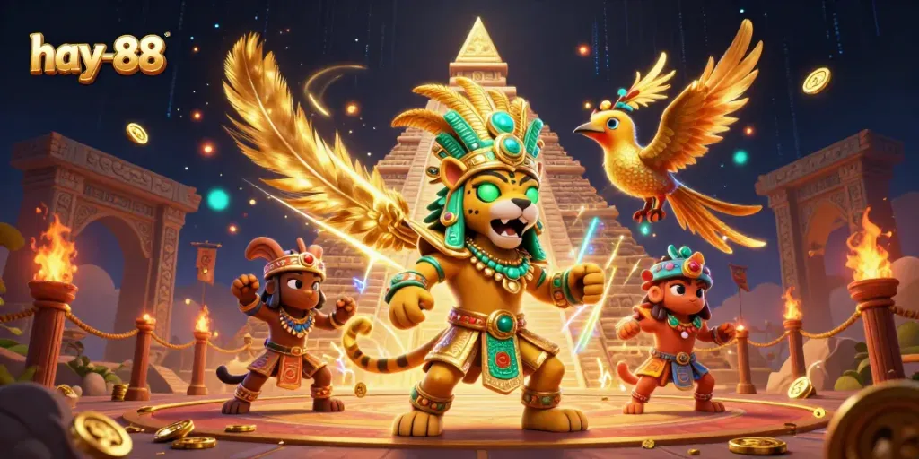 Experience thrilling action at hay-88 with a vibrant illustration of Mayan casino elements and dynamic gaming activities.