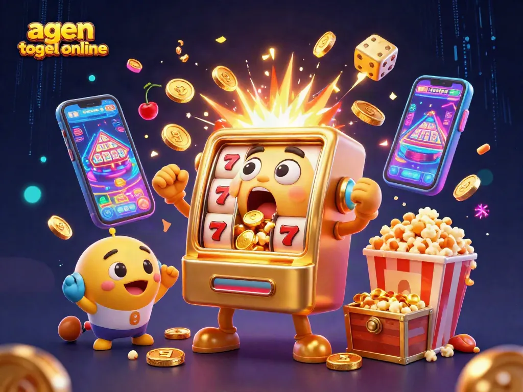 Experience thrilling wins with agen togel online as cartoon slot machines celebrate a jackpot!