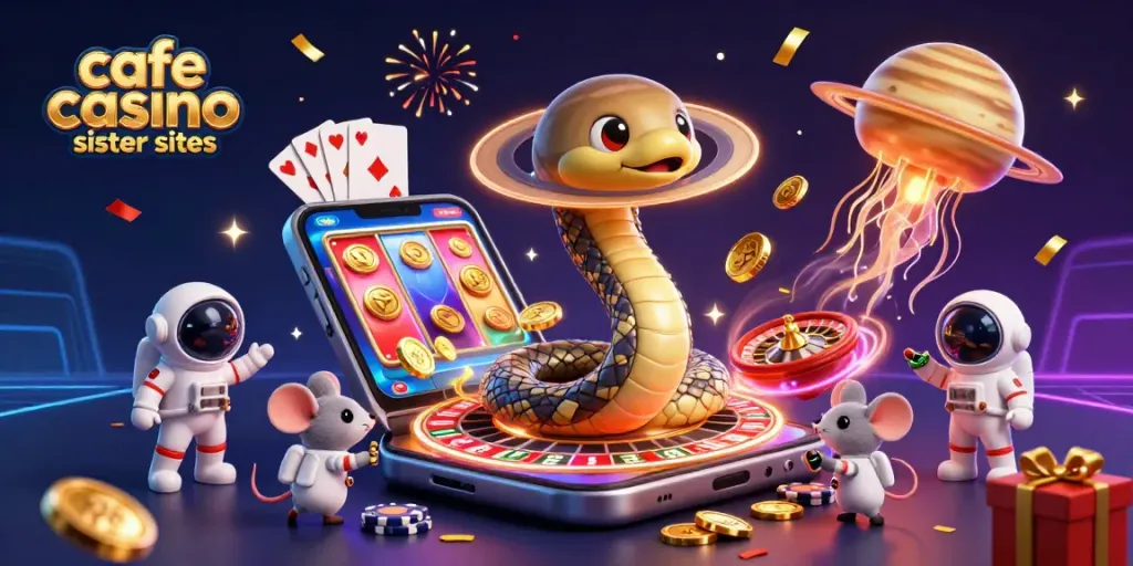 Experience excitement with cafe casino sister sites as cartoon creatures engage in cosmic gaming.
