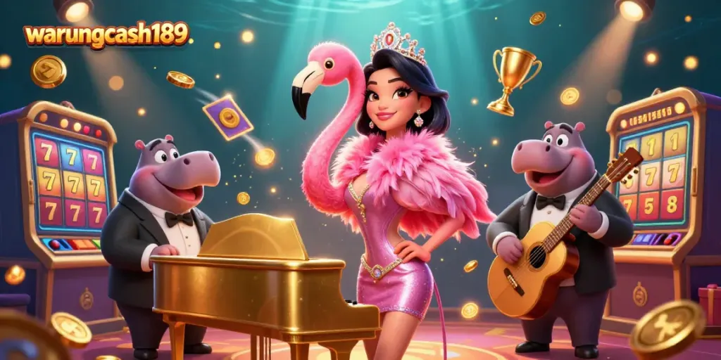 Experience excitement with warungcash189 in a vibrant 3D casino scene featuring dynamic characters and slot elements.