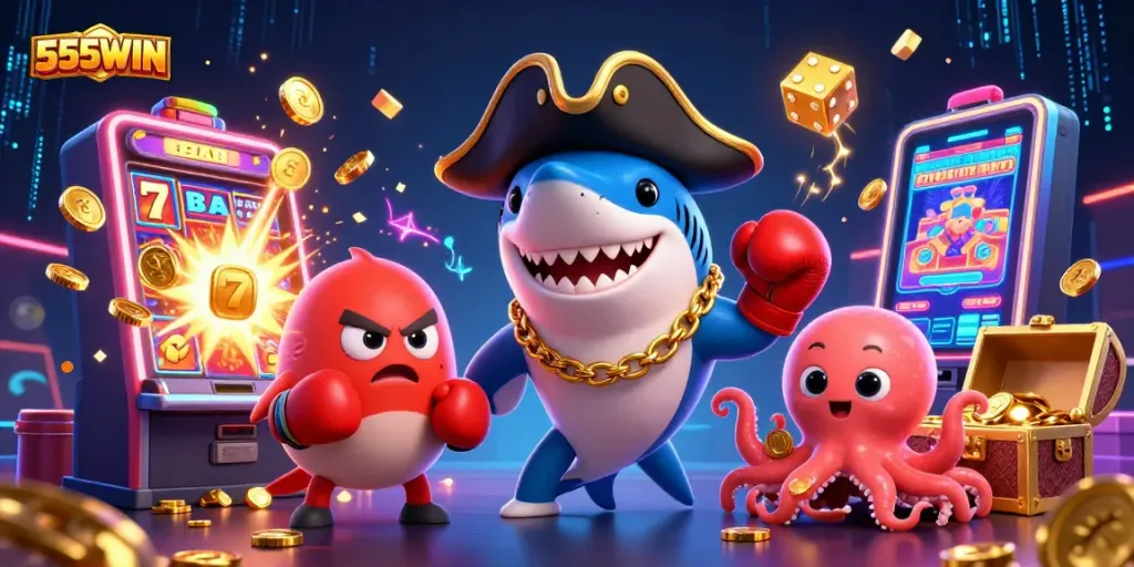 Engage in thrilling slots action with 555WIN's vibrant characters and rich jackpot visuals.