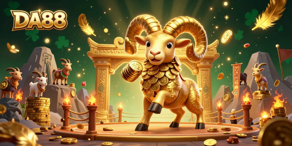 DA88 showcases a golden ram charging through a casino-themed arena, captivating gamblers.