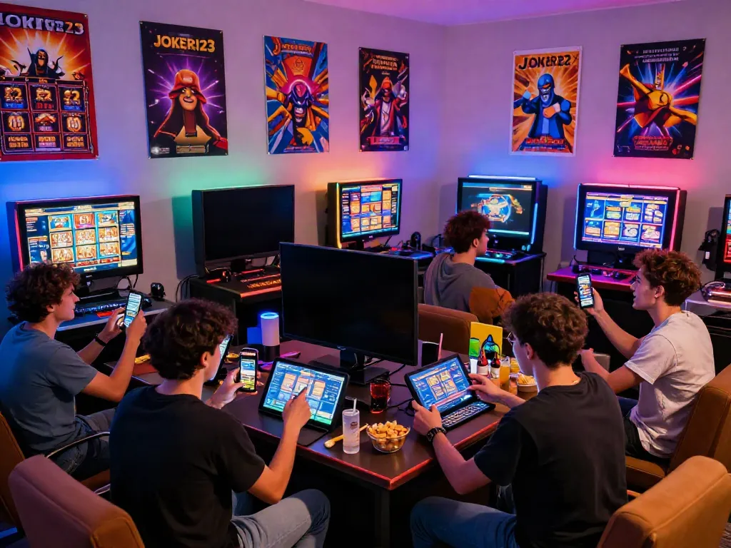 กลุ่มเพื่อนสนุกสนานเล่นเกมสล็อตบนจอโทรทัศน์ในห้องเกม พร้อมอุปกรณ์ต่างๆ และขนมขบเคี้ยว