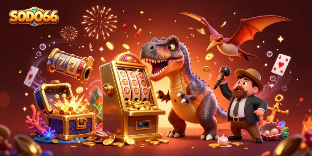 SODO66 showcases a thrilling casino scene with action and excitement as characters celebrate a jackpot