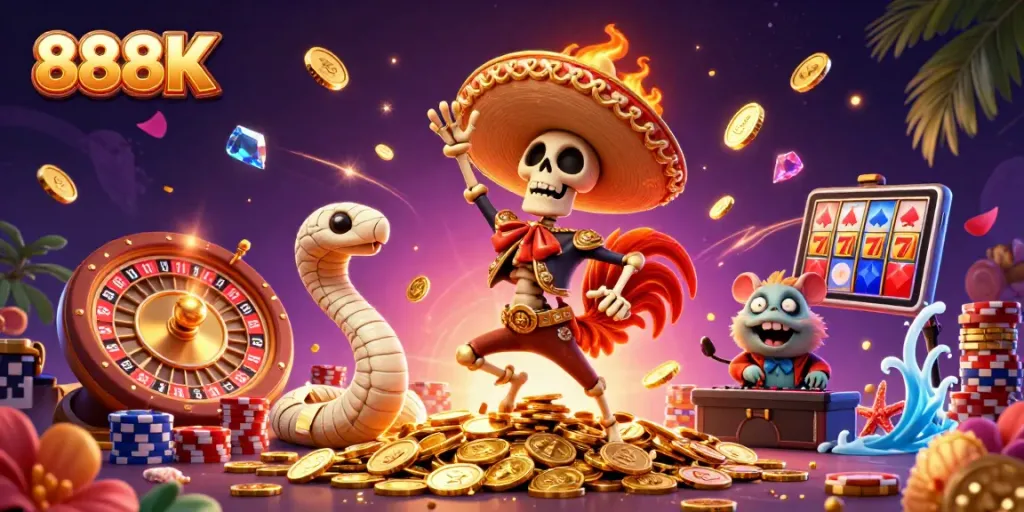 Experience excitement with 888K and a lively display of casino characters, coins, and games.