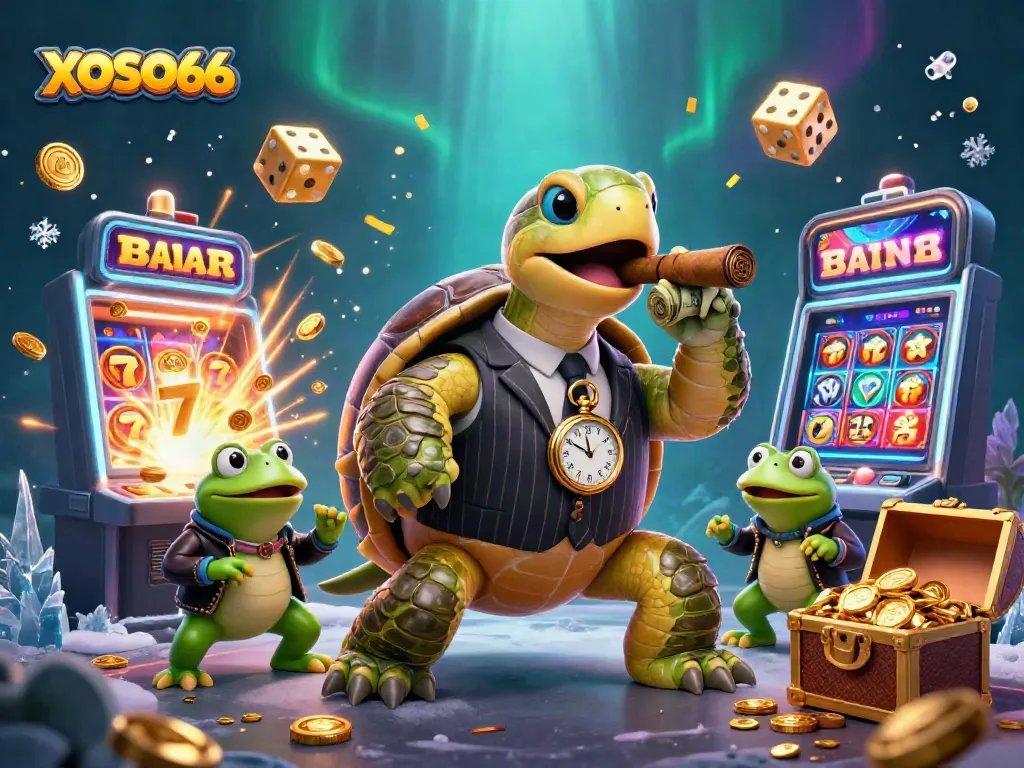 XOSO66's captivating 3D scene shows a turtle in a mobster suit surrounded by casino excitement.
