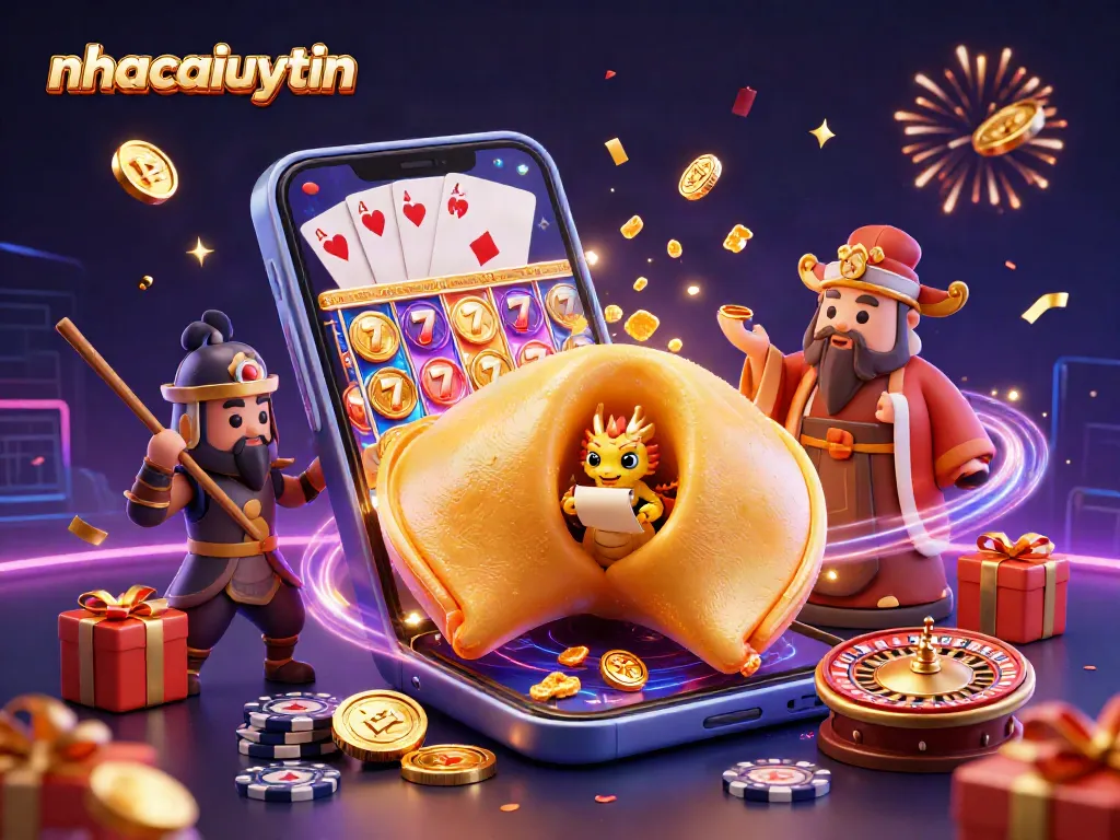 Engage in thrilling slot games with nhacaiuytin as a golden fortune cookie character unveils exciting surprises.