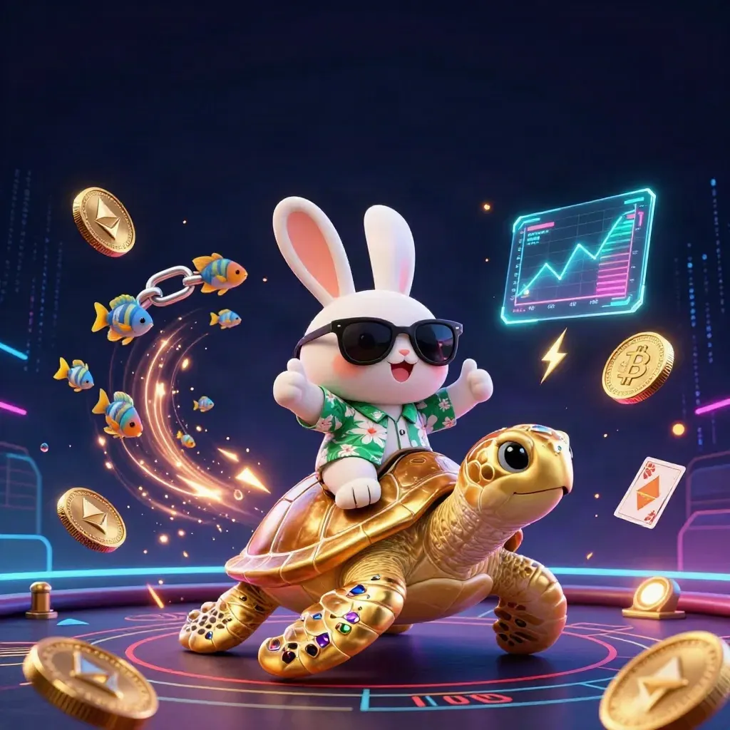 Lucky rabbit rides a jeweled sea turtle amid casino tech, coins, cards, and neon glow.