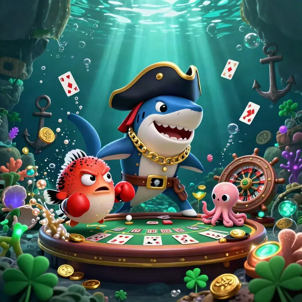 Pirate shark, boxing pufferfish, and coin-juggling octopus in a glowing treasure cove