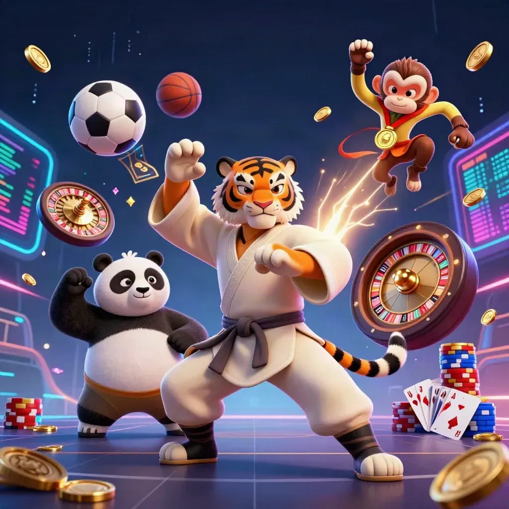 Tiger, panda, and monkey amid flying casino chips, coins, balls, and neon electric haze.