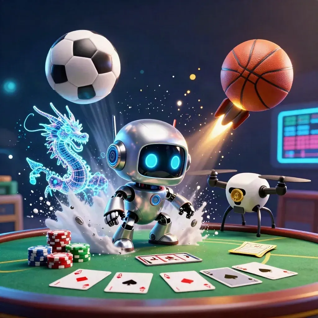 Cyberpunk robot, holographic dragon and coin drone by frozen soccer and basketball action with casino chips.