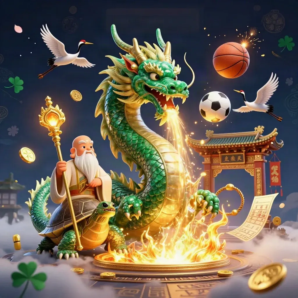 Jade dragon, turtle sage and cranes amid flying sports balls, gold fire and temple lights