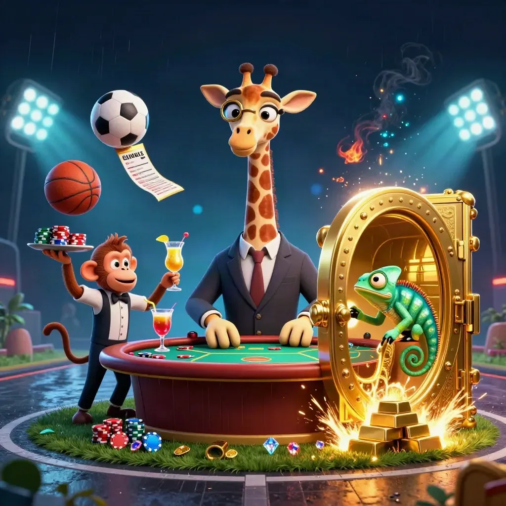 Giraffe, monkey and chameleon at a casino table amid flying sports balls and vault gold.