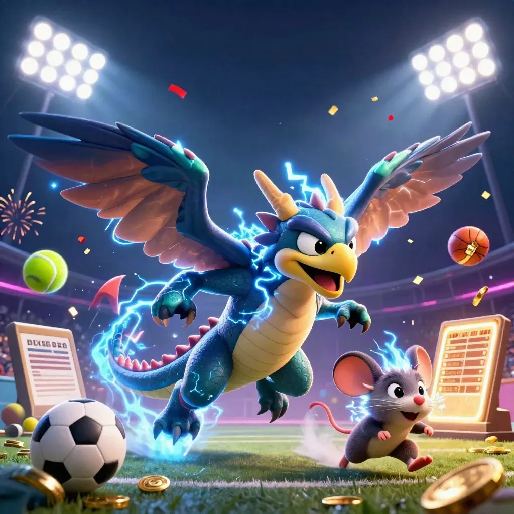 Thunder dragon, wind hawk and static mouse amid flying balls, gold trophy and casino sparks