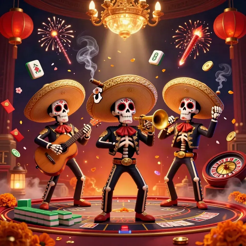 Skeleton mariachi trio amid glowing casino lux, lanterns, jade coins, roulette, and ember-lit fog.