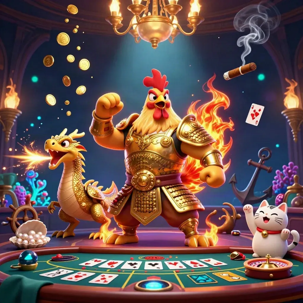 Rooster warrior, dragon hatchling, and fortune-cat in a luxe casino cove with gold, coral, and sparks.