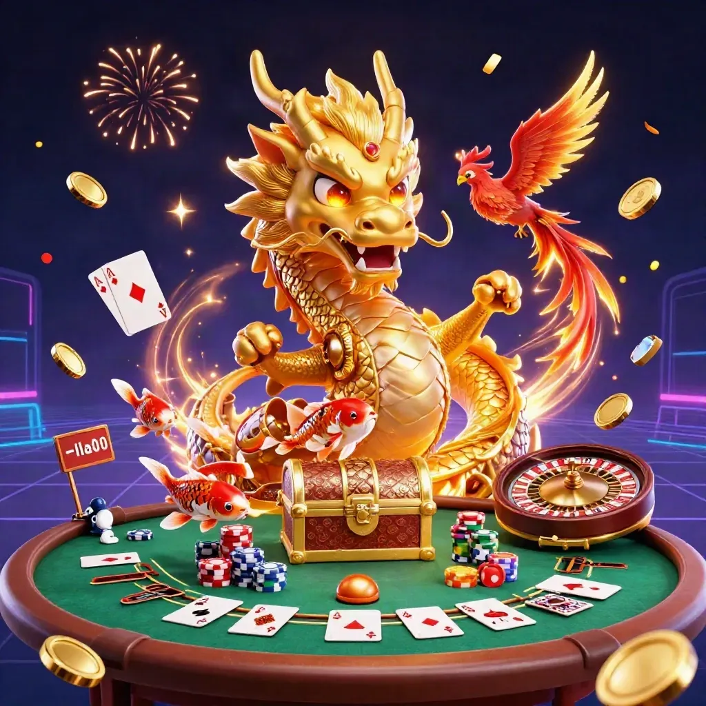 Golden dragon, phoenix, and koi amid casino props, neon lights, confetti, and fireworks.