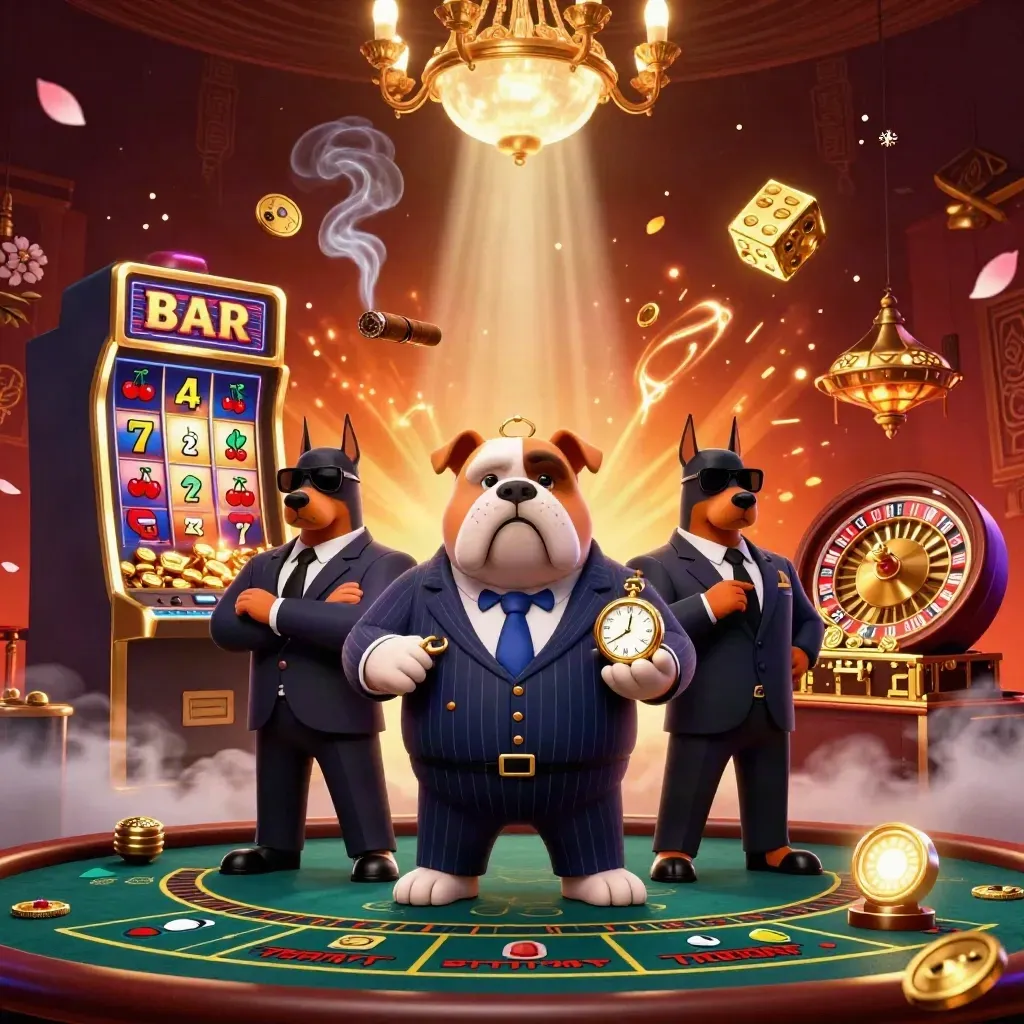 Bulldog mob boss and Dobermans amid slot bursts, gold, dice, roulette, and casino glow