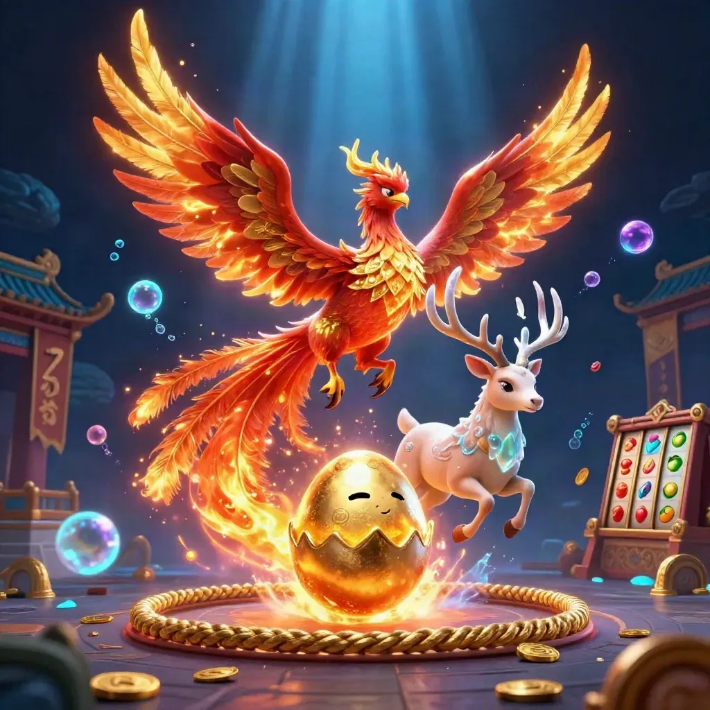 Phoenix, hatchling, and crystal-antlered stag burst through a temple gate in glowing casino fantasy.