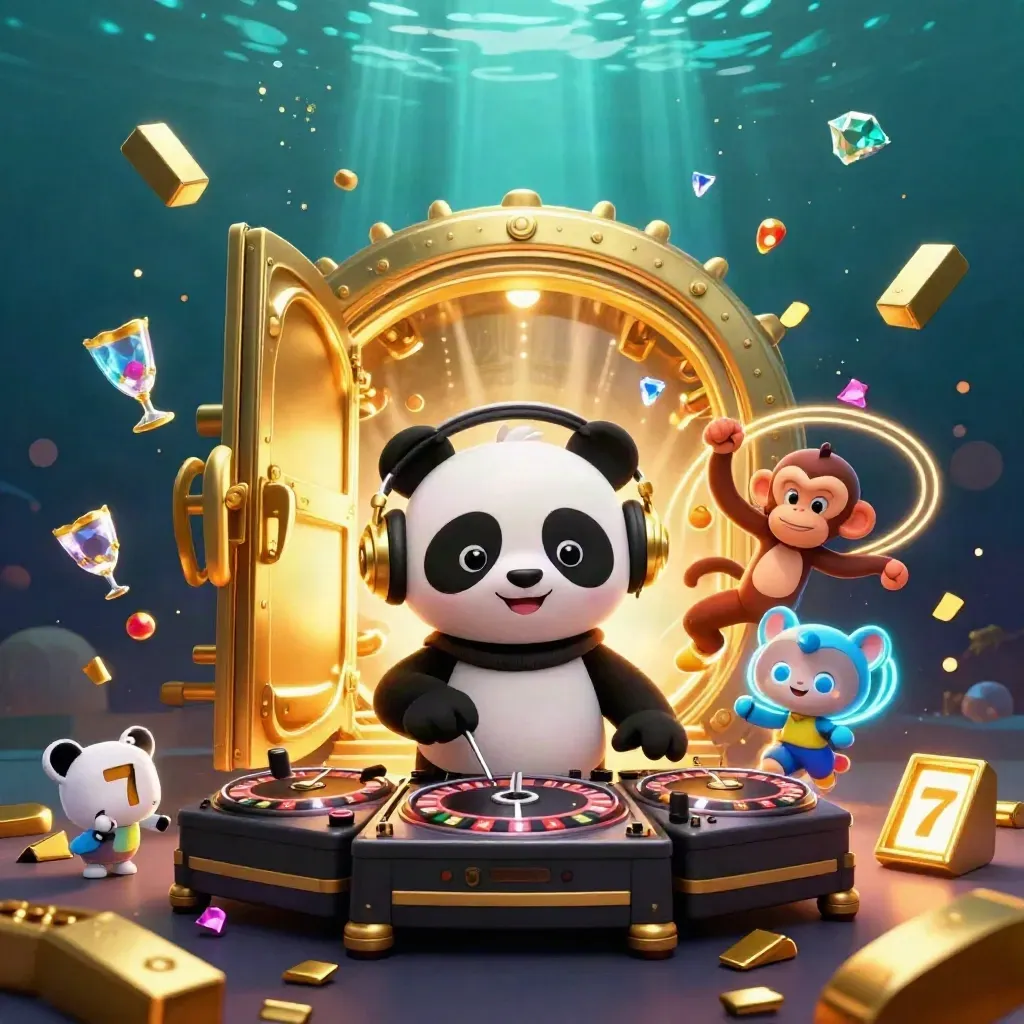 DJ panda, breakdancing monkey and glow-stick kitten burst from a gold vault with casino treasure.
