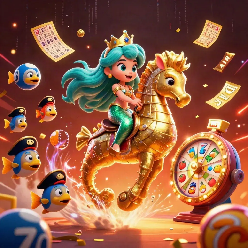 Mermaid princess on armored seahorse with pirate fish amid casino bonus bursts