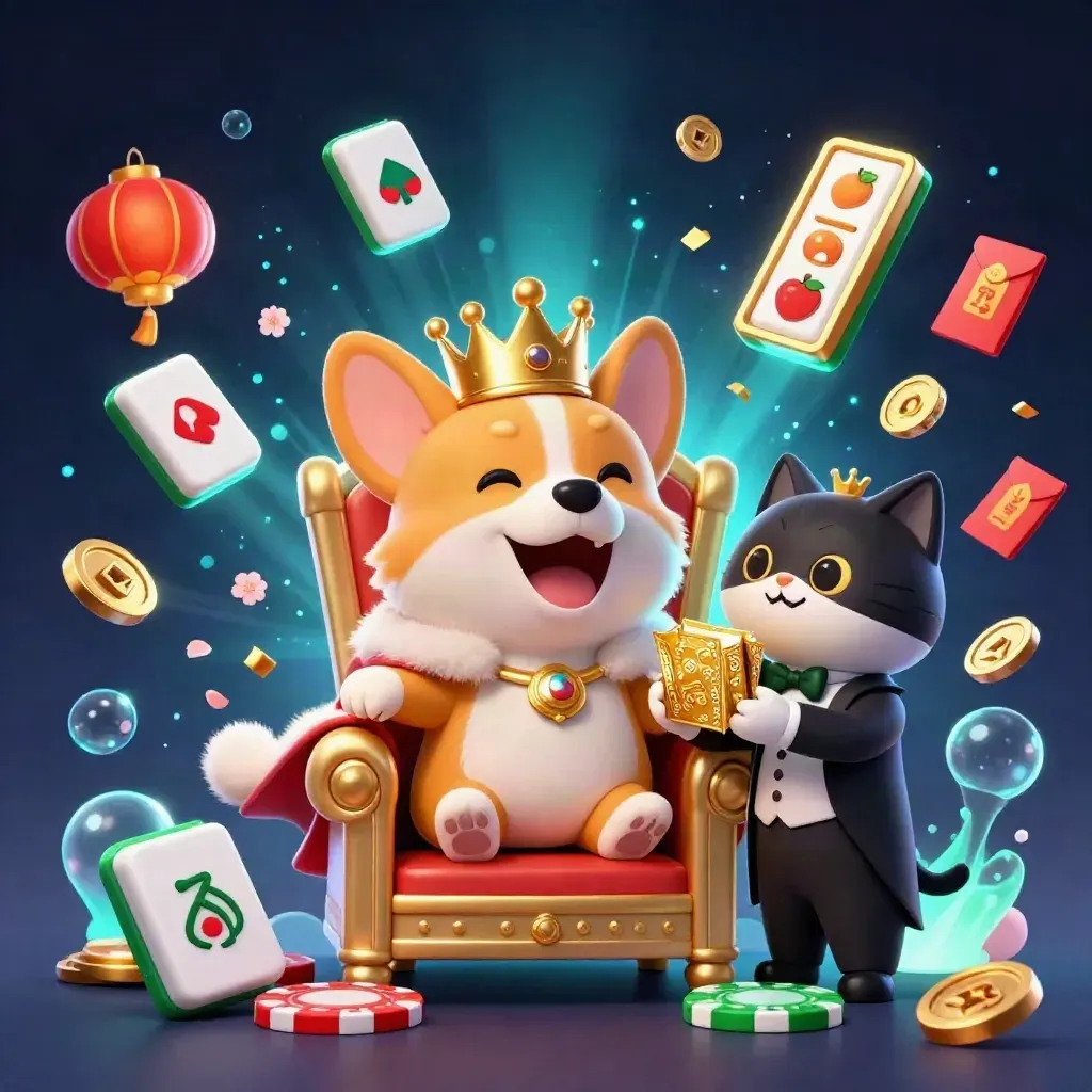 Royal corgi and cat butler amid casino treasures, lanterns, coins, petals and neon cyan effects