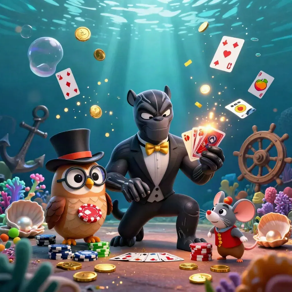 Tuxedo panther, top-hat owl, and lucky mouse in an underwater gold-and-gem casino burst