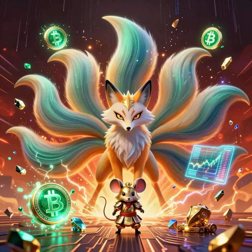 Nine-tailed fox spirit and armored mouse amid emerald coins, sparks, and embers