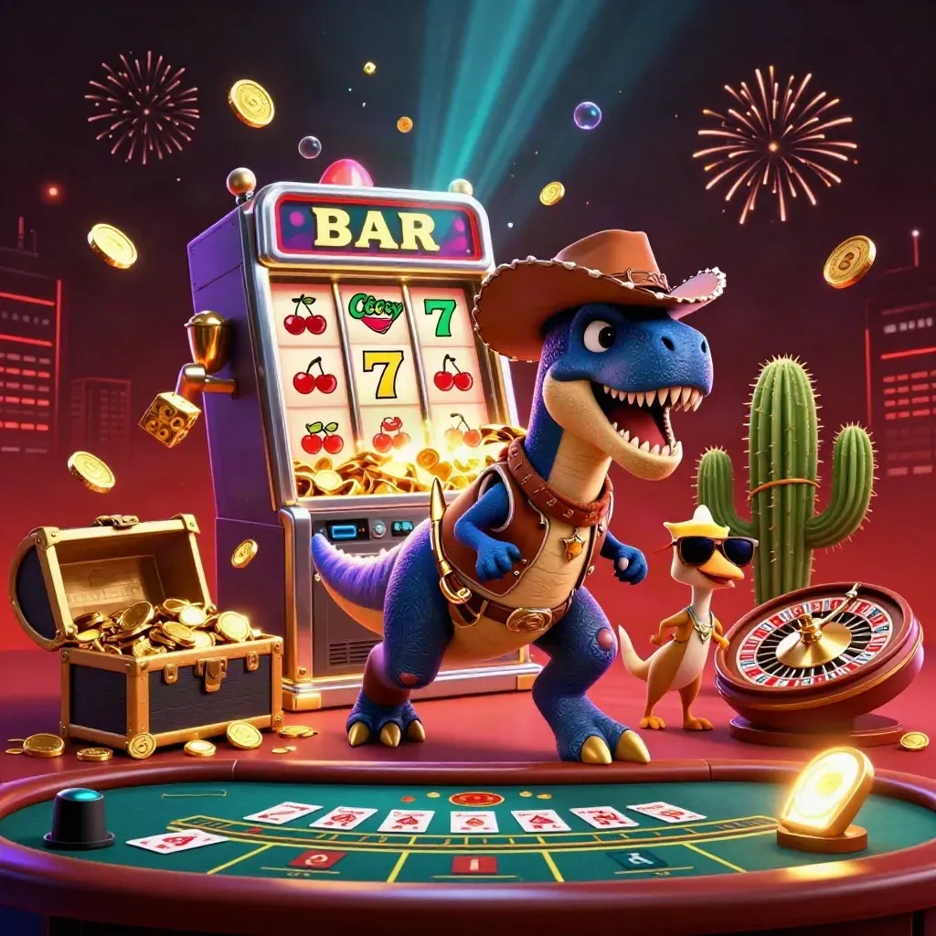 Cowboy T-Rex, cactus, and roadrunner celebrate as a slot machine bursts with gold and neon fireworks