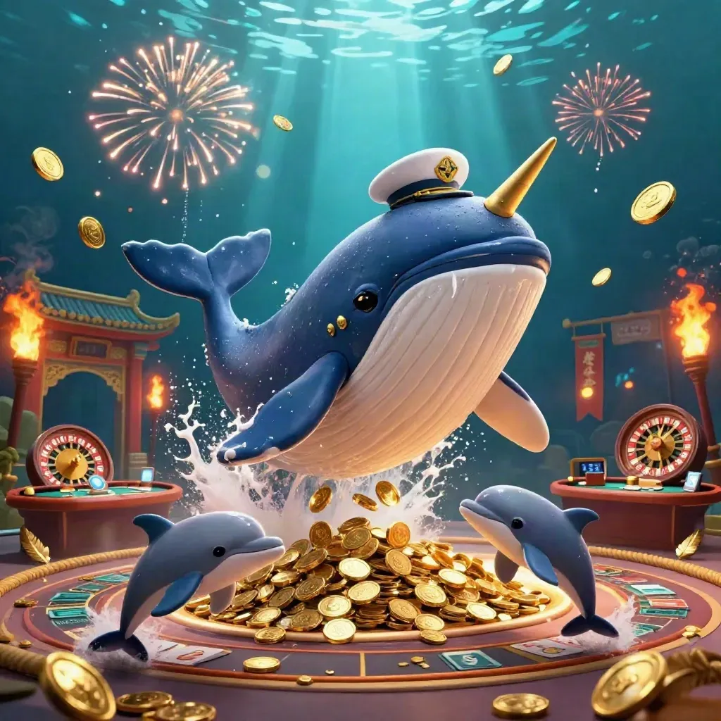 Whale captain, narwhal, and dolphins burst through coins with roulette and neon casino glow