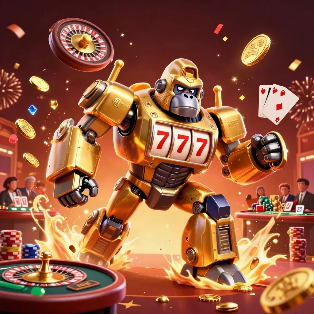 Golden gorilla slot mech with monkey pilot amid coins, cards, chips, fireworks, and a roulette spin.