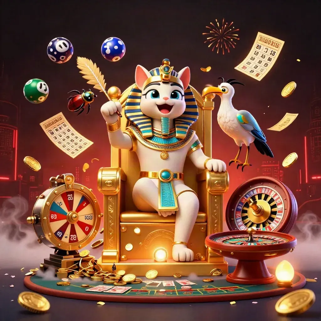 Pharaoh cat, ibis scribe, and gem-wing scarabs amid coins, fireworks, and casino bonuses.